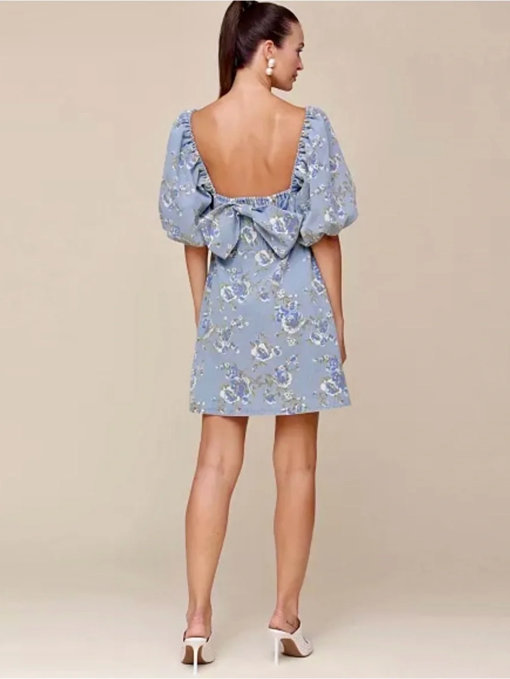 AVEC LES FILLES Square-Neck Puff-Sleeve Floral Mini Dress